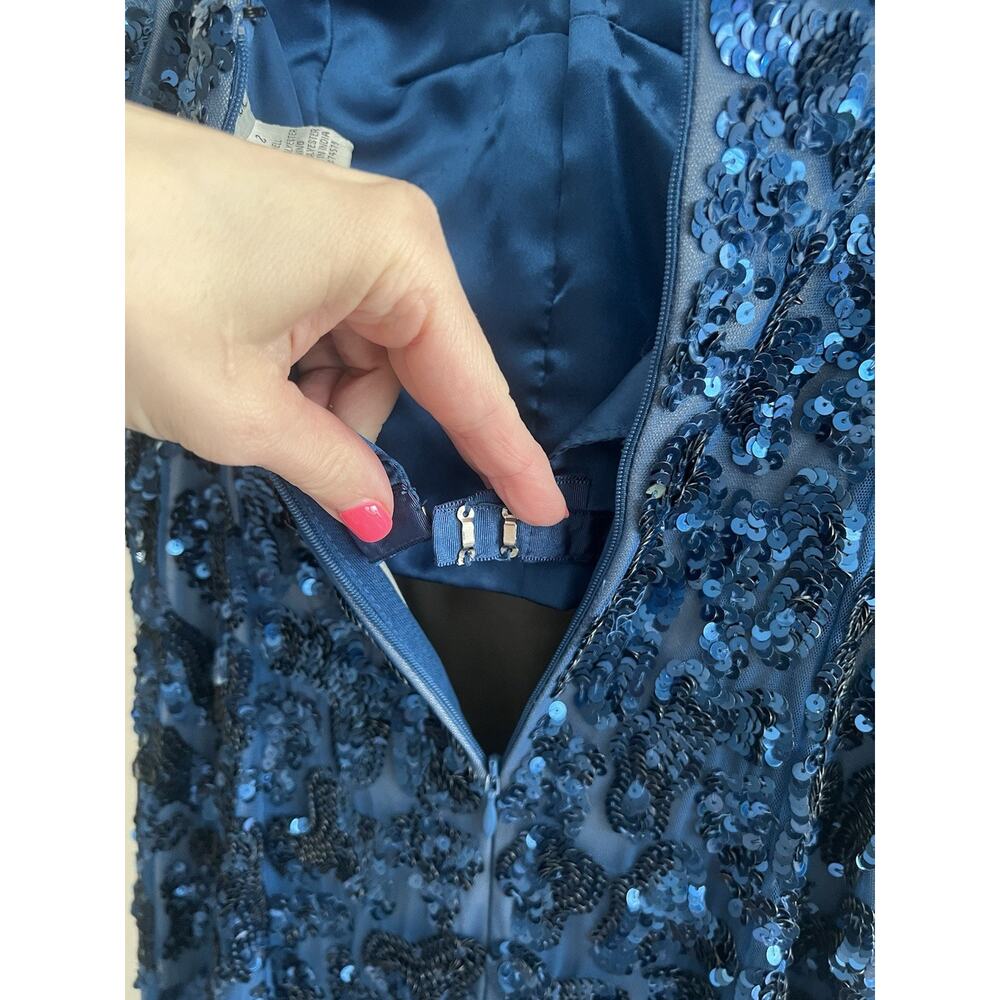 CACHE Vintage Y2K Blue Sequin Mesh Strapless Maxi Long Gown Dress - Picture 9 of 14